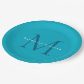 Monogrammed Calligraphy Azure Blue Modern Plain Papieren Bordje (Gekanteld)
