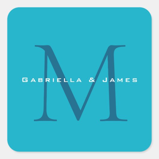 Monogrammed Calligraphy Azure Blue Modern Plain Vierkante Sticker (Voorkant)