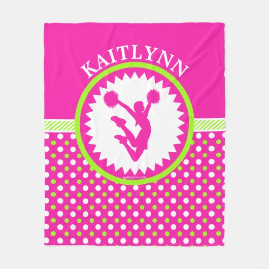 Monogrammed Cheer/Pom Pink en Green Polka-Stippen Fleece Deken (Voorkant)