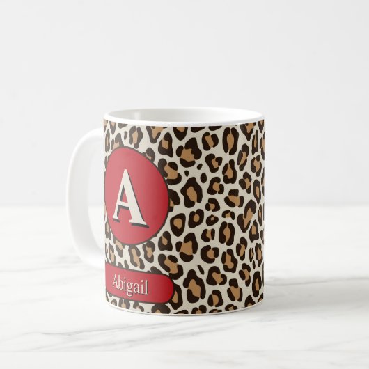 Monogrammed Cheetah Print en Cherry Red Mok (Voorkant links)