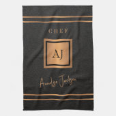 Monogrammed chef-naam gepersonaliseerd zwart goud theedoek (Verticaal)