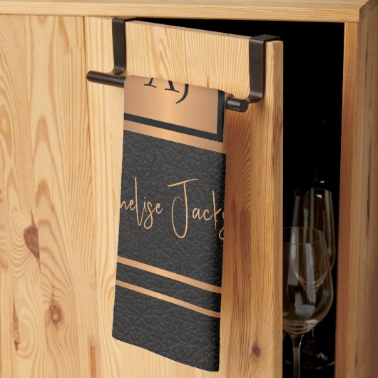 Monogrammed chef-naam gepersonaliseerd zwart goud theedoek (Derde Gevouwen)