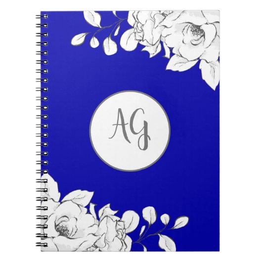 Monogrammed Chic Modern Royal Blue Floral Notitieboek (Voorkant)