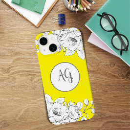 Monogrammed Chic Modern Yellow White Floral Case-Mate iPhone 14 Hoesje