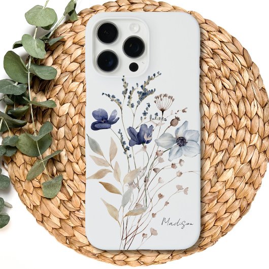 Monogrammed Chic  Waterverf Blauwe Bloem Case-Mate iPhone Case
