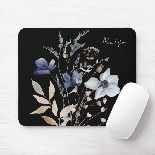 Monogrammed Chic Waterverf Blauwe Bloem Muismat (Met muis)