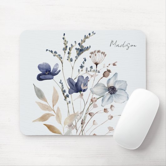 Monogrammed Chic  Waterverf Blauwe Bloem Muismat (Met muis)