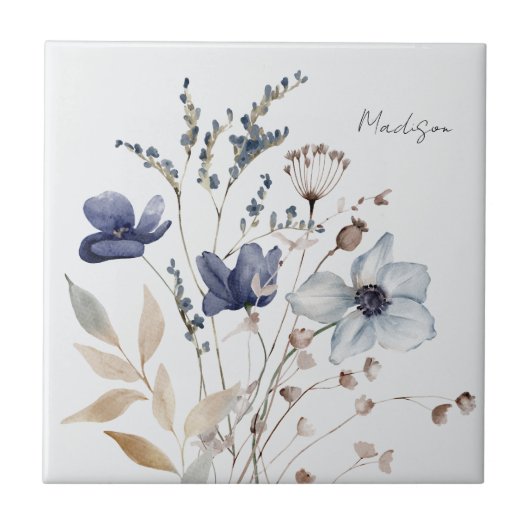 Monogrammed Chic  Waterverf Blauwe Bloem Tegeltje (Voorkant)
