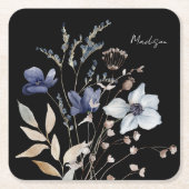 Monogrammed Chic  Waterverf Blauwe Bloemen Kartonnen Onderzetters (Voorkant)