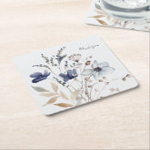 Monogrammed Chic  Waterverf Blauwe Bloemen Kartonnen Onderzetters (Schuin)