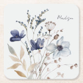 Monogrammed Chic  Waterverf Blauwe Bloemen Kartonnen Onderzetters (Voorkant)