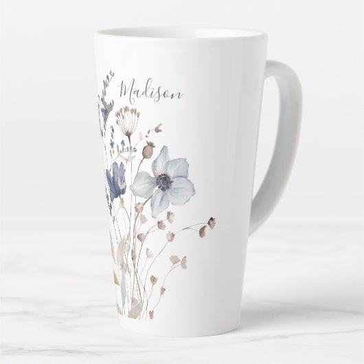 Monogrammed Chic  Waterverf Blauwe Bloemen Latte Mok (Rechterhoek)