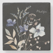 Monogrammed Chic  Waterverf Blauwe Bloemen Stenen Onderzetter (Voorkant)