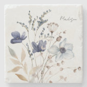 Monogrammed Chic  Waterverf Blauwe Bloemen Stenen Onderzetter (Voorkant)