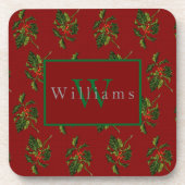 Monogrammed Christmas Holly On Red Bier Onderzetter (Voorkant)