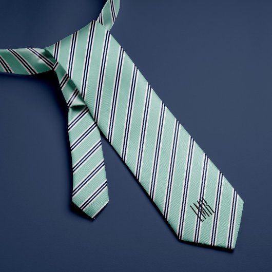Monogrammed Classic Mint Green and Navy Stripes Stropdas