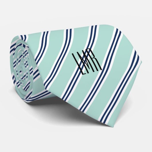 Monogrammed Classic Mint Green and Navy Stripes Stropdas (Opgerold)