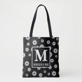 Monogrammed Classic Serif BW Daisies Tote Bag