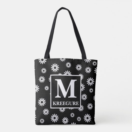 Monogrammed Classic Serif BW Daisies Tote Bag (Achterkant)