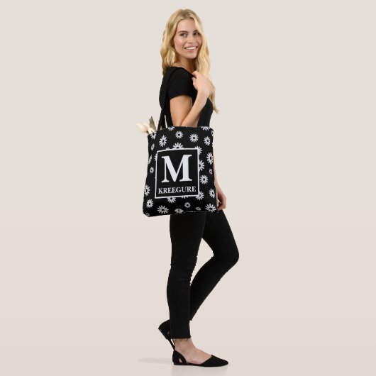 Monogrammed Classic Serif BW Daisies Tote Bag (Op model)