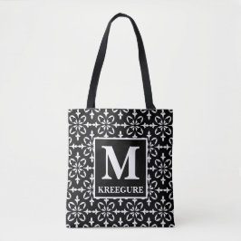 Monogrammed Classic Serif BW Flora Damask Tote Bag