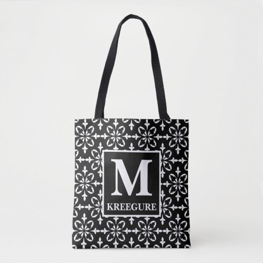 Monogrammed Classic Serif BW Flora Damask Tote Bag (Voorkant)