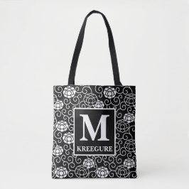 Monogrammed Classic Serif BW Peonies Tote Bag