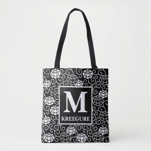 Monogrammed Classic Serif BW Peonies Tote Bag (Voorkant)
