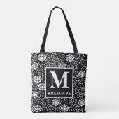 Monogrammed Classic Serif BW Peonies Tote Bag (Achterkant)