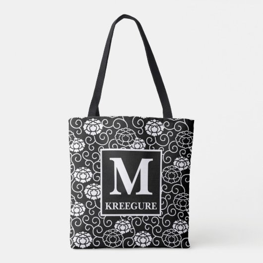 Monogrammed Classic Serif BW Peonies Tote Bag (Achterkant)
