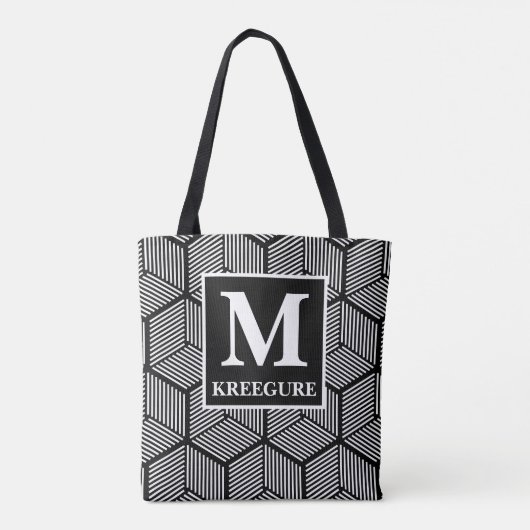 Monogrammed Classic Serif BW Striped Cubes Tote Bag (Achterkant)