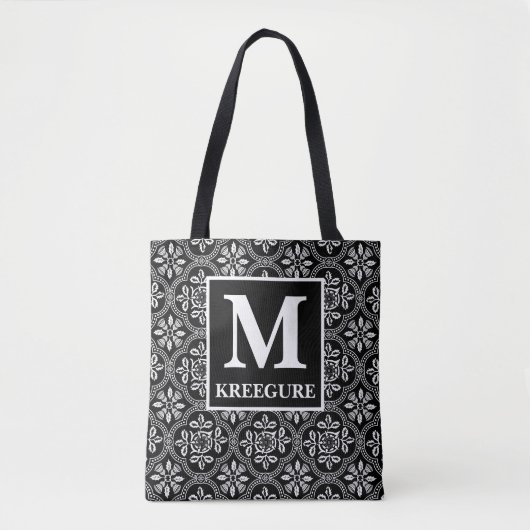 Monogrammed Classic Serif BW Thistle Damask Tote Bag (Voorkant)