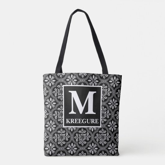 Monogrammed Classic Serif BW Thistle Damask Tote Bag (Achterkant)