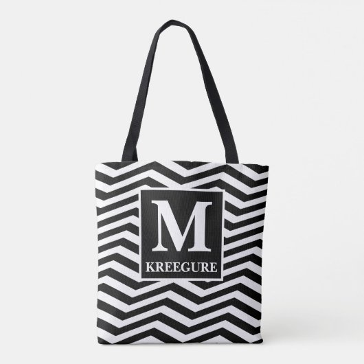 Monogrammed Classic Serif BW Tilted Chevron Tote Bag (Achterkant)