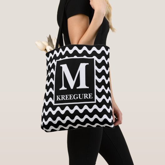 Monogrammed Classic Serif BW Waves Tote Bag (Dichtbij)