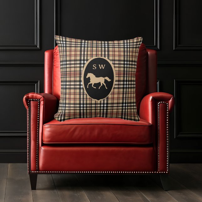 Monogrammed Classic Tartan Plaid Horse Mocha Brown Kussen (Creator heeft geüpload)