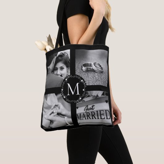 Monogrammed Collage Wreath met naam, datum st Tote Bag (Dichtbij)