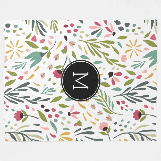 Monogrammed Colorful Botanical Flowers & Leafs Fleece Deken (Voorkant (Horizontaal))