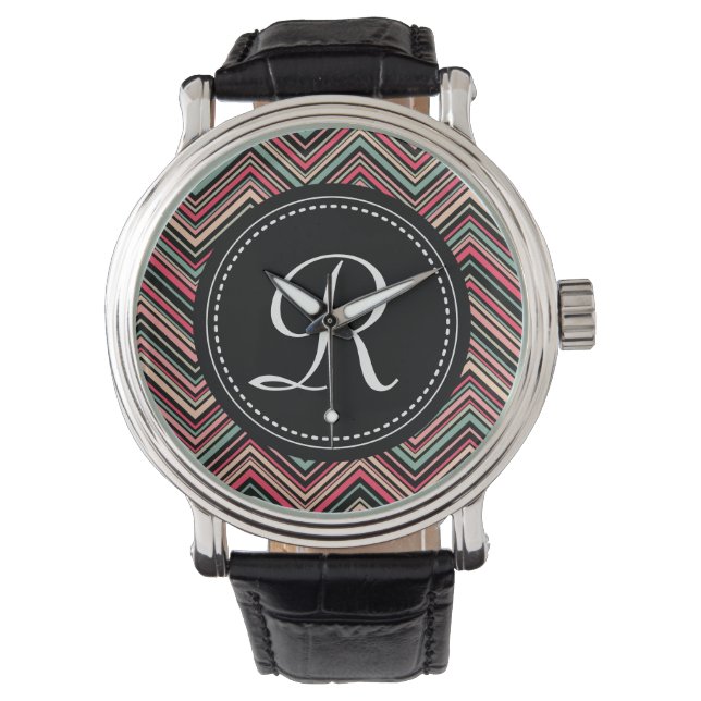 Monogrammed Colorful Tribal Chevron Pattern Horloge (Voorkant)