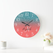 Monogrammed Coral and Blauwgroen Glitter Ombre Grote Klok (Huis)