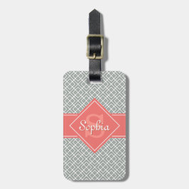 Monogrammed Coral and Grey Diamond Pattern Bagagelabel