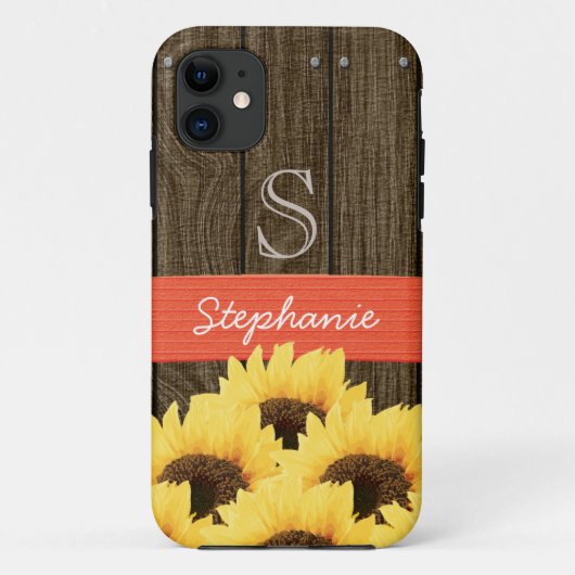 MONOGRAMMED CORAL GREEN RUSTIC SUNFLOWER Case-Mate iPhone CASE (Achterkant)