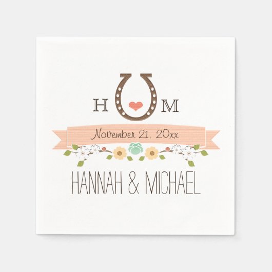 Monogrammed Coral Hoefijzer Heart Wedding Servetten (Voorkant)