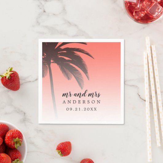 Monogrammed Coral Tropical Palm Beach Weddenschap Servet (Insitu)