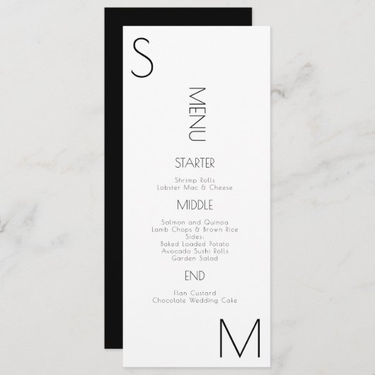 Monogrammed Corner Black White Wedding Menu (Voorkant / Achterkant)