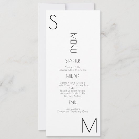 Monogrammed Corner Black White Wedding Menu (Voorkant)