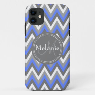 Monogrammed Cornflower Blue & Gray Chevron Pattern Case-Mate iPhone Case