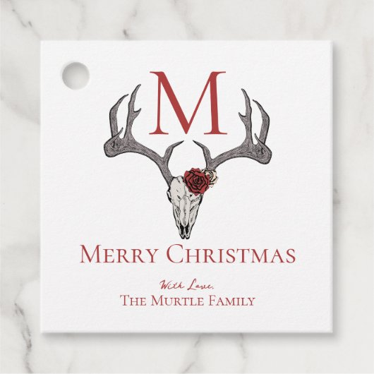 Monogrammed Country Xmas Rendier Schedel en Rozen Bedankjes Labels (Voorkant)