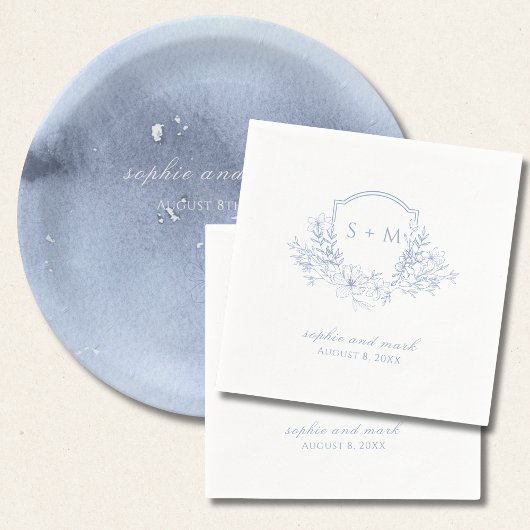 Monogrammed Crest Blue Floral Servet