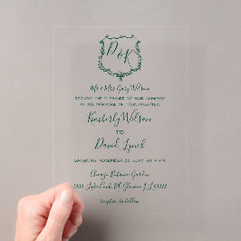 Monogrammed Crest Forest Green Wedding Acryl Uitnodigingen